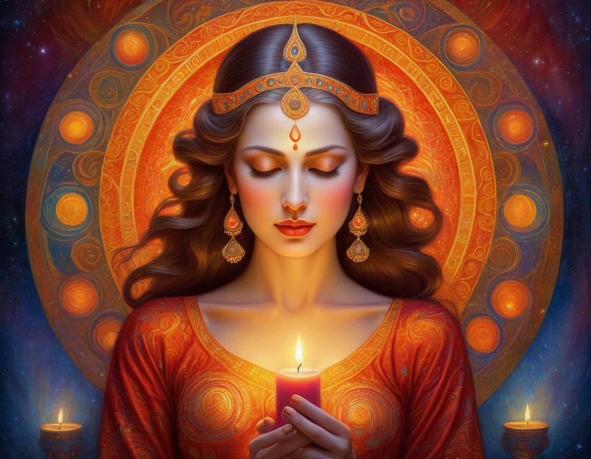 Serene Woman in Vibrant Outfit with Candlelight Glow