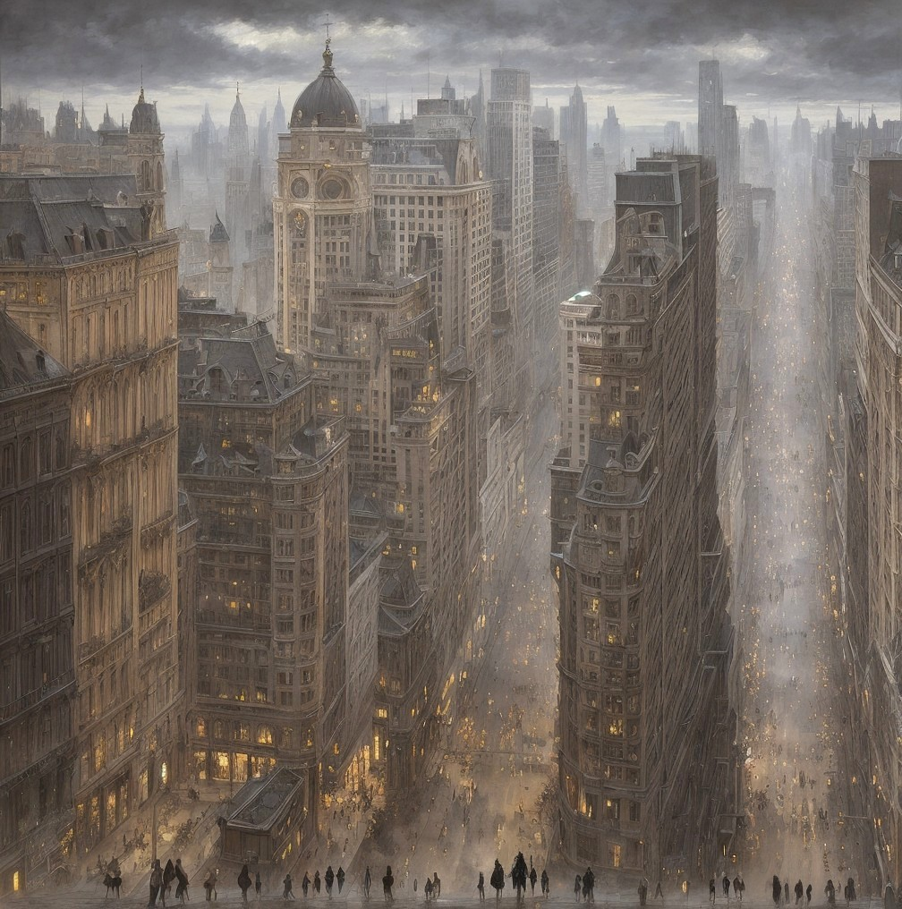 Urban cityscape with towering buildings under cloudy sky and glowing light particles.