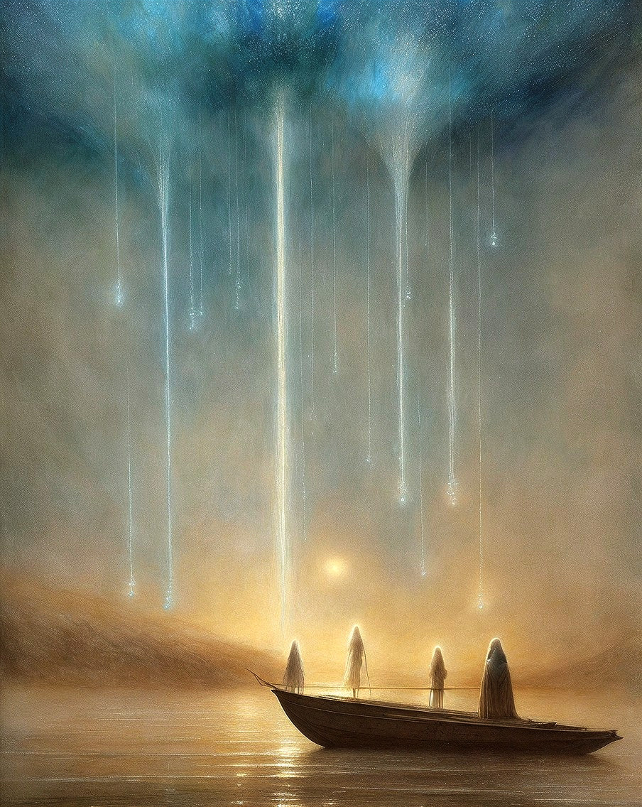 Serene Otherworldly Scene with Boat and Ethereal Figures