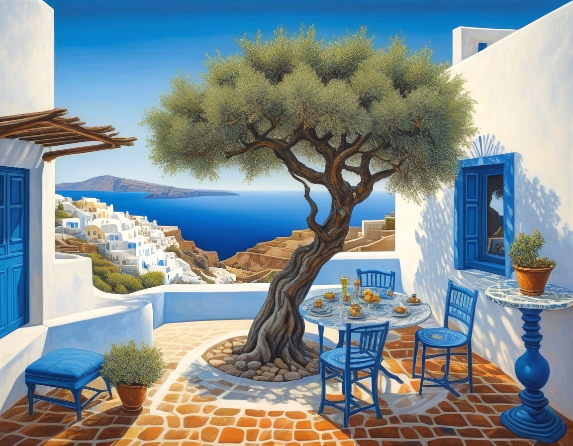 Seaside terrace with tree, blue chairs, table, and Greek architecture