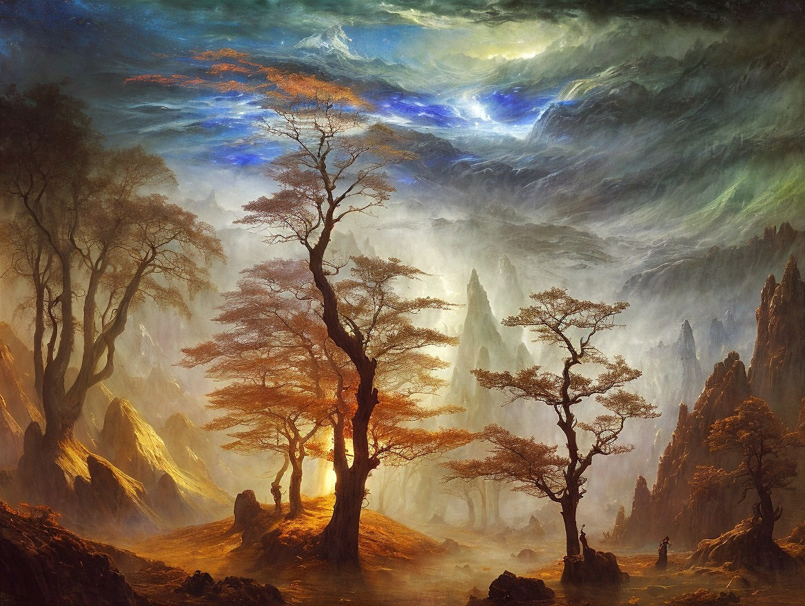Mystical Landscape with Mountains and Autumn Trees