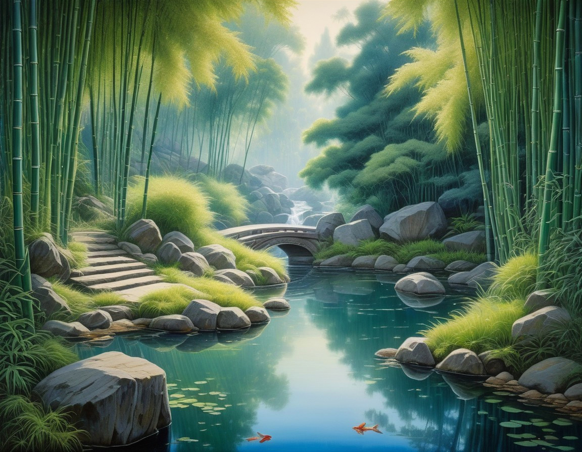 Tranquil Landscape with Water, Bamboo, and Koi Fish
