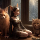 Woman with cat-like features and two fluffy cats by window in dreamy woodland scene