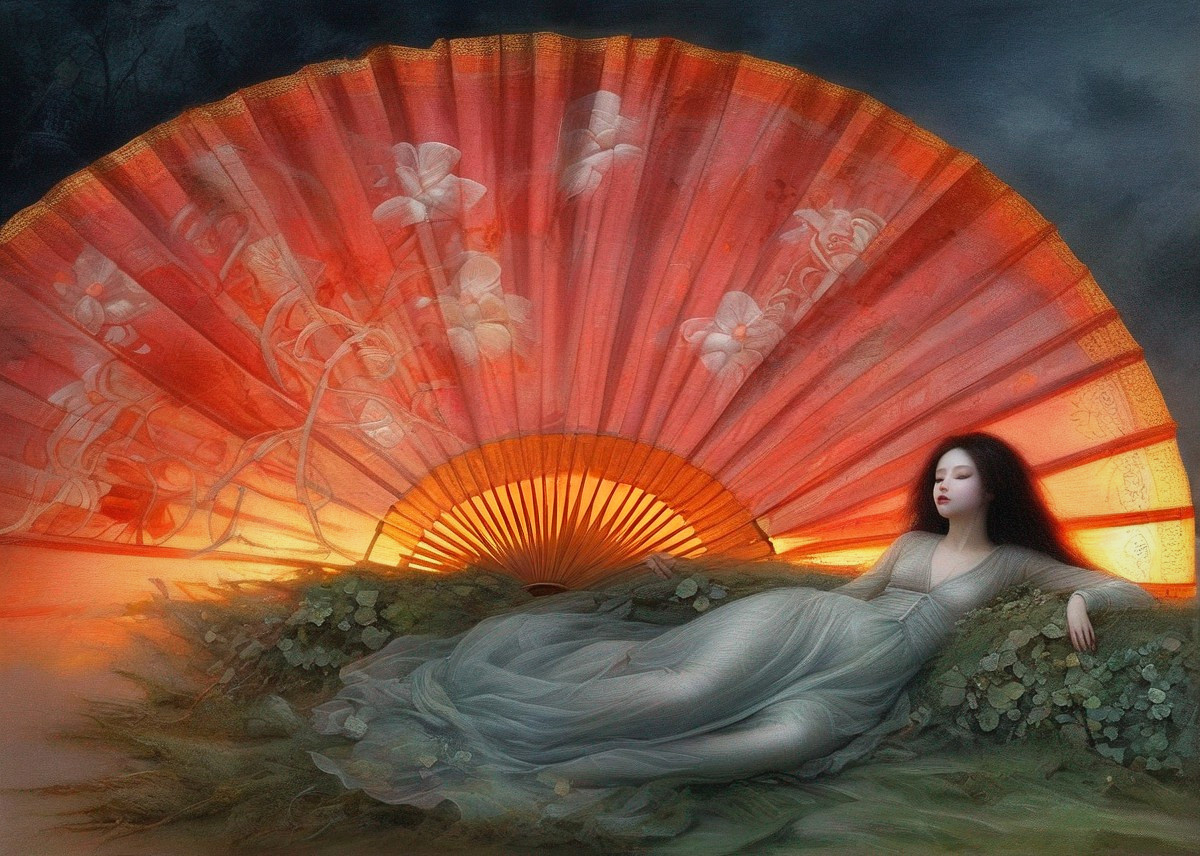 Woman Reclining with Ornate Sunset Fan in Twilight