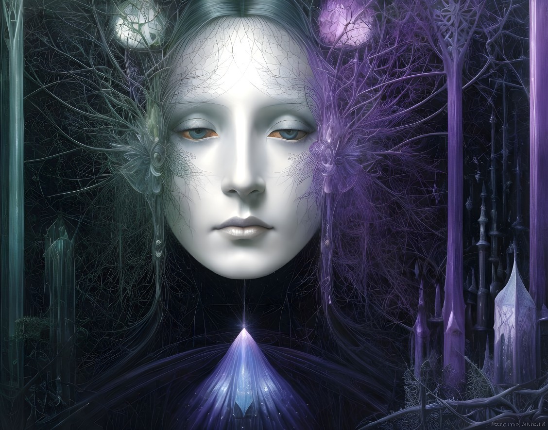 Ethereal fantasy artwork of a mask-like pale face with purple floral adornments in a mystical dark