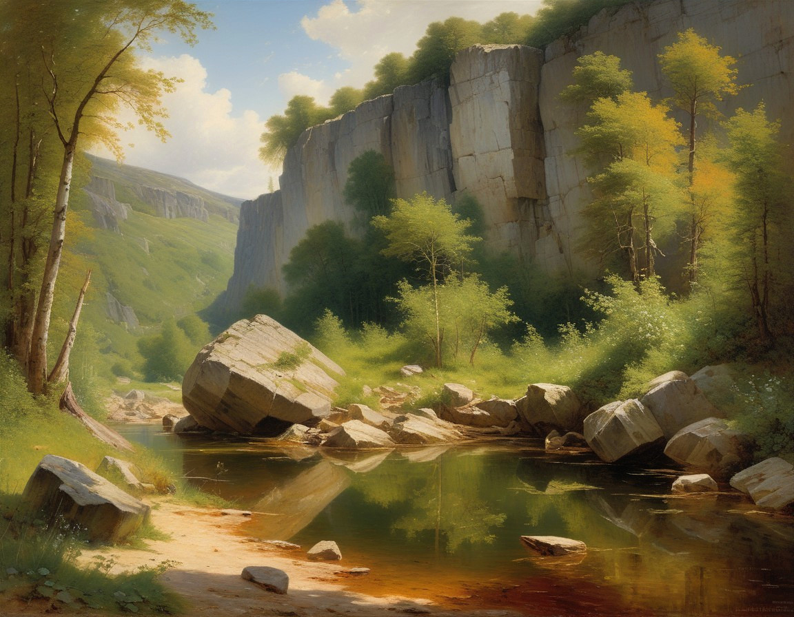 Tranquil River Landscape with Towering Cliffs and Greenery