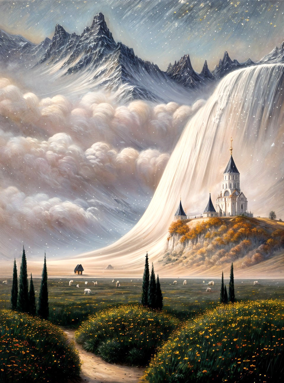 Whimsical Castle Surrounded by Mountains and Nature