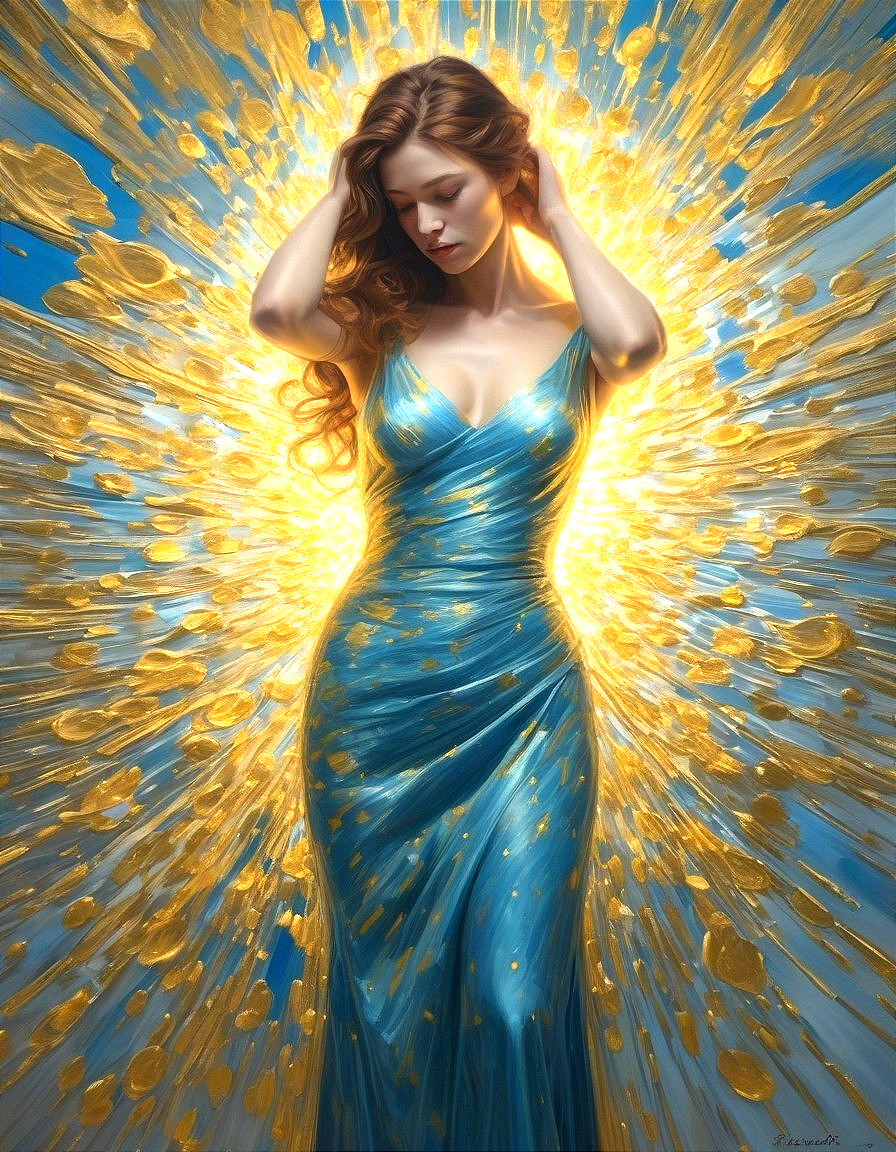 Woman in Shimmering Blue Dress Surrounded by Golden Light