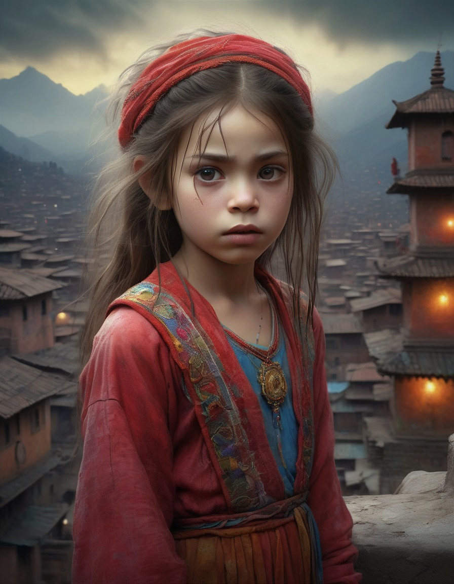 Young girl in red dress with ancient town backdrop