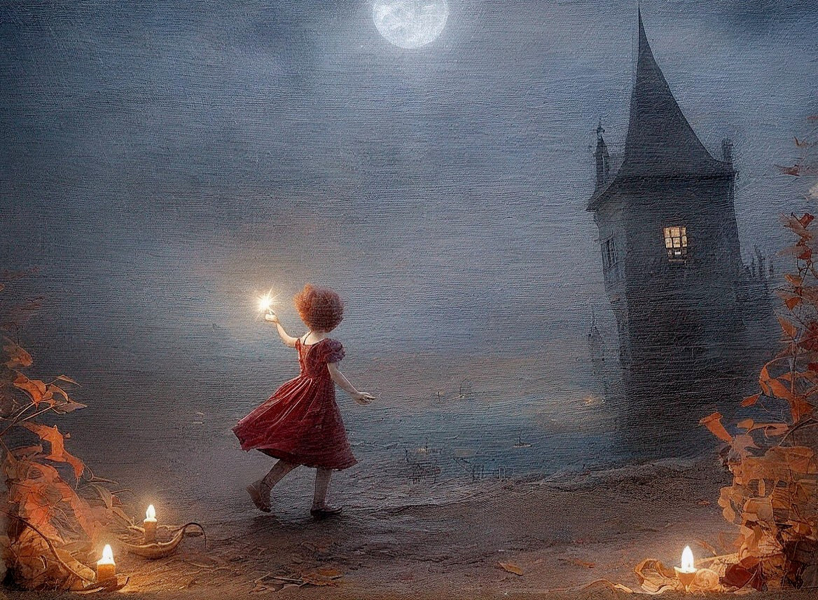 Girl in Red Dress by Spooky Tower Under Full Moon