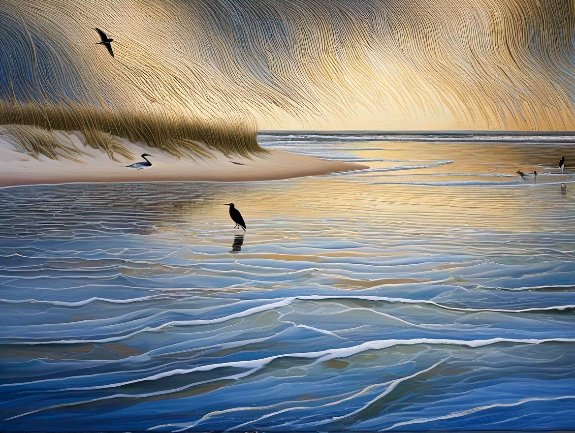 Serene Beach Scene at Twilight with Reflective Water