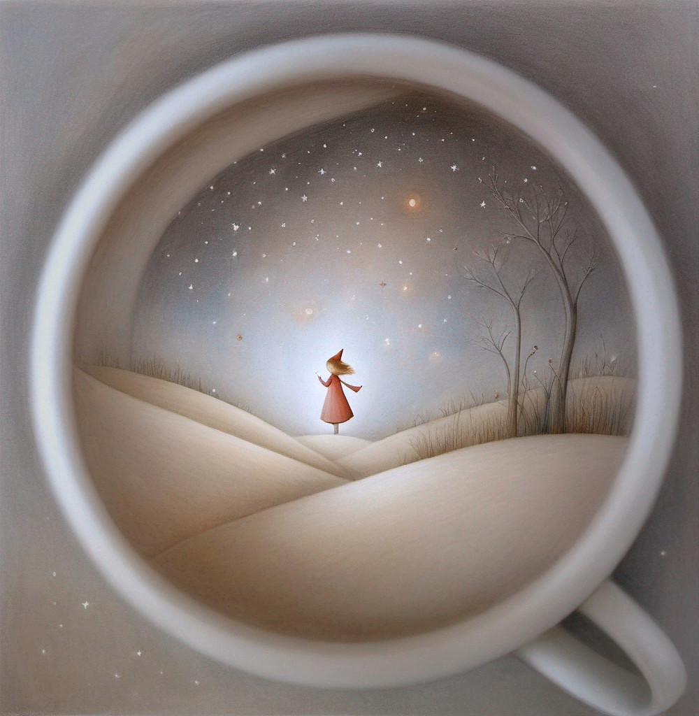 Whimsical Scene in a Coffee Cup with Snowy Landscape