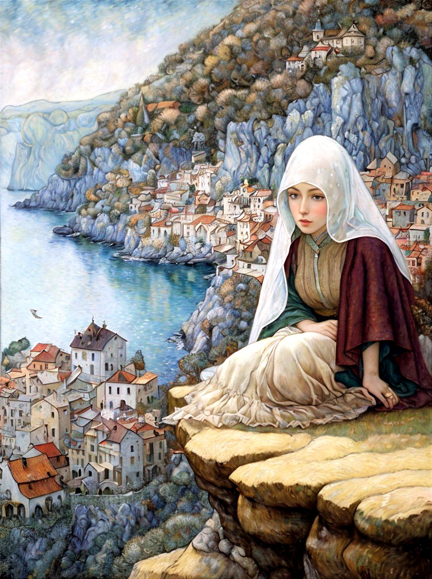 Contemplative Woman in Historical Attire Overlooking Village