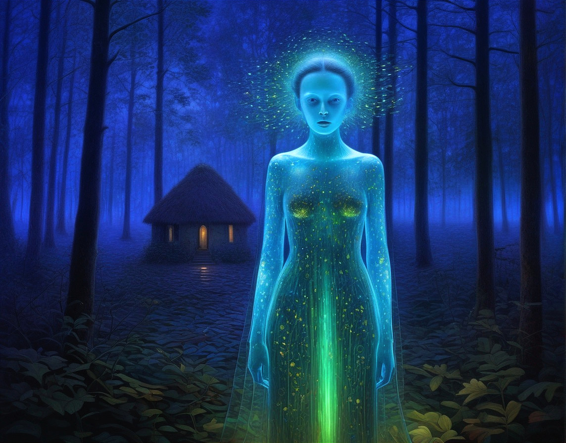 Mystical Female Figure in Blue-Hued Forest Setting