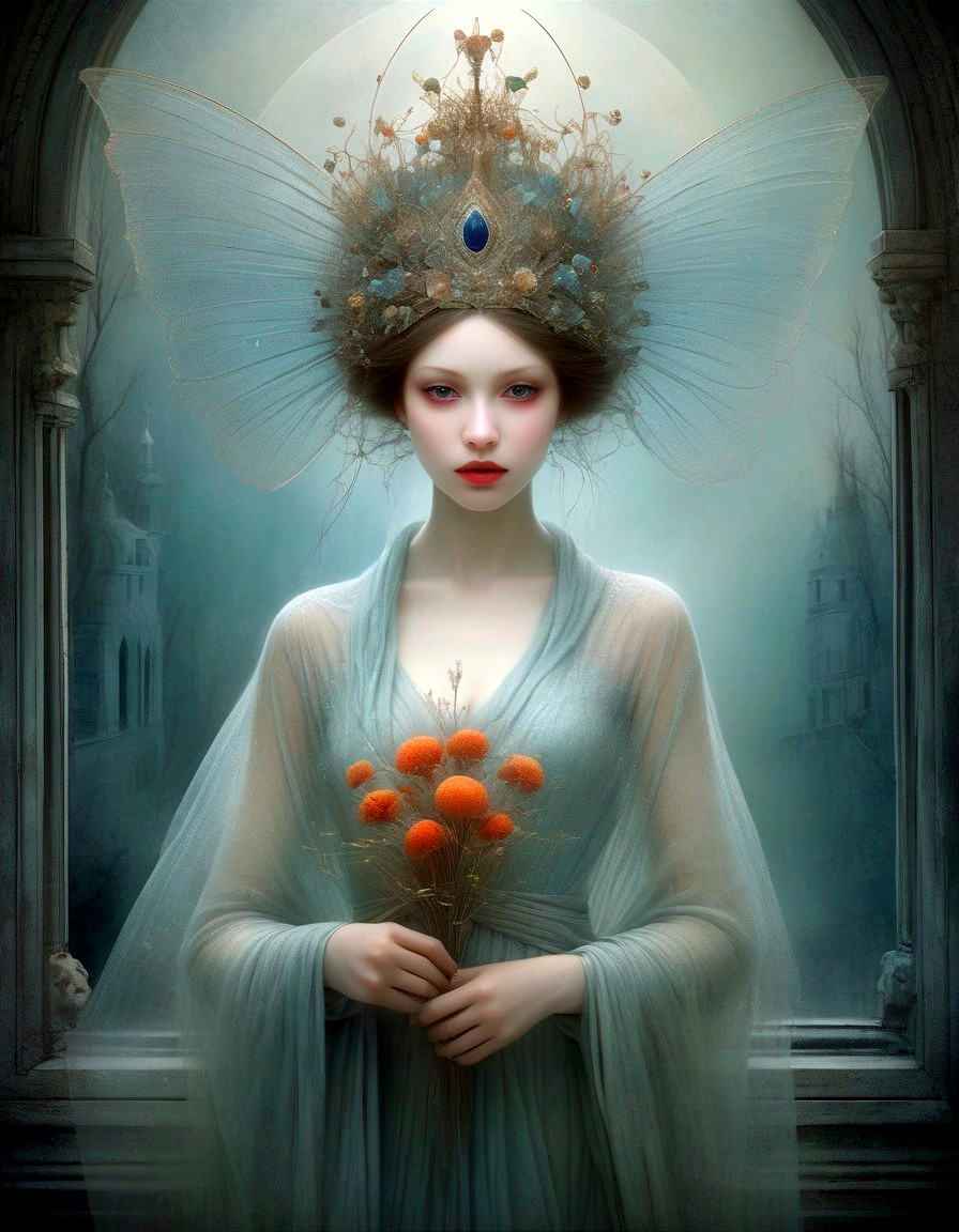 Ethereal Female Figure with Butterfly Wings and Flowers