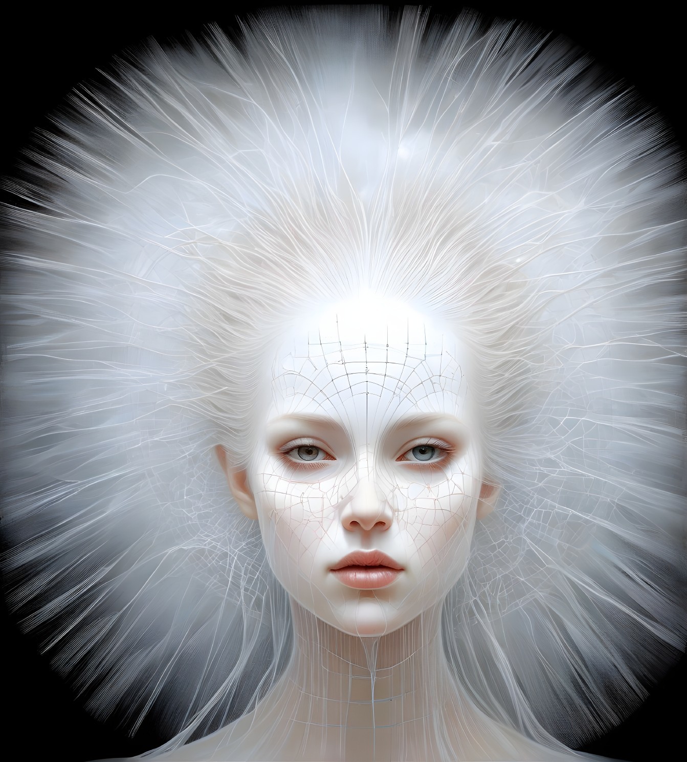 Pale-skinned figure with white hair and grid pattern overlay.