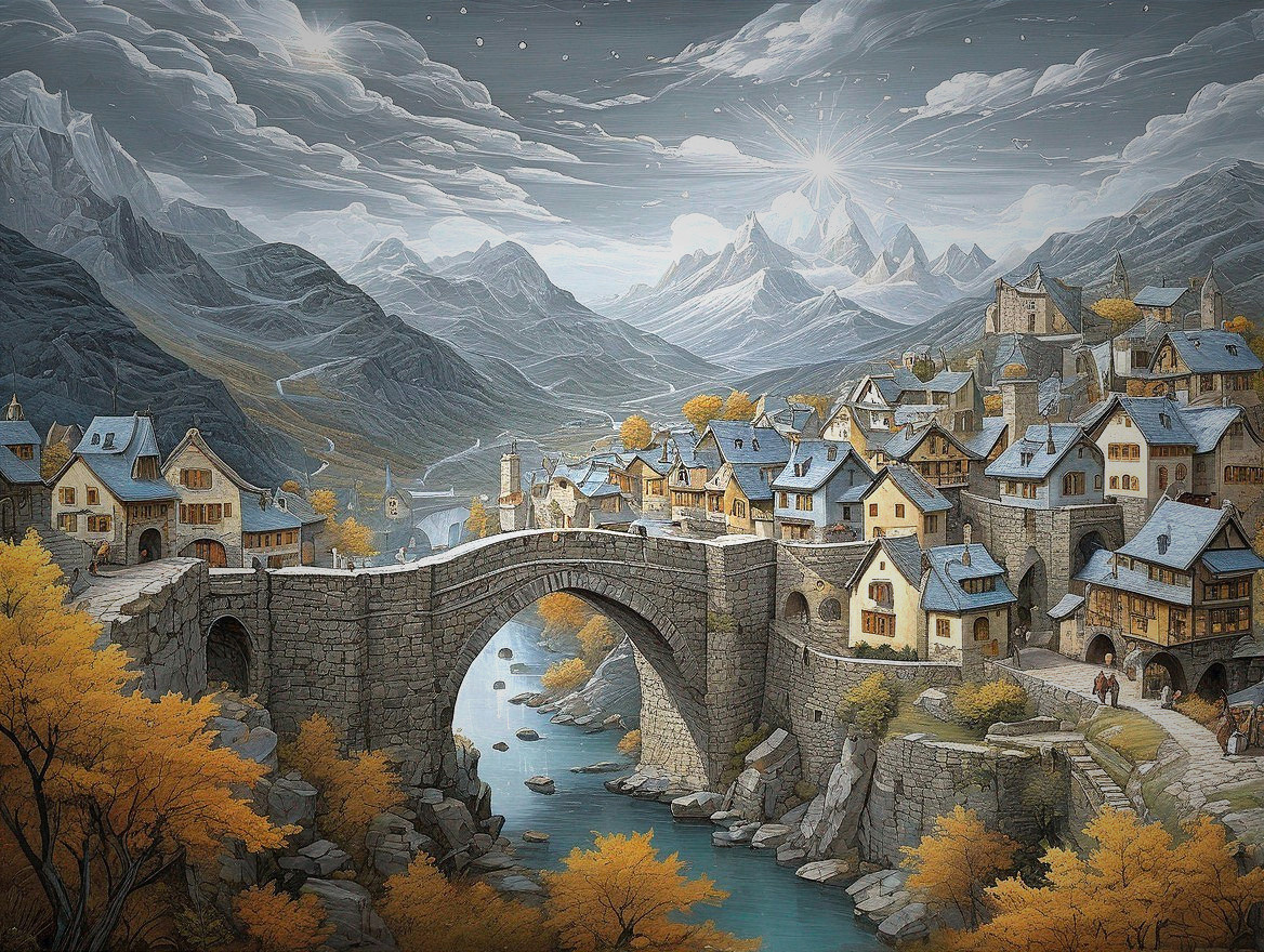 Medieval Village with Stone Houses and Snowy Mountains