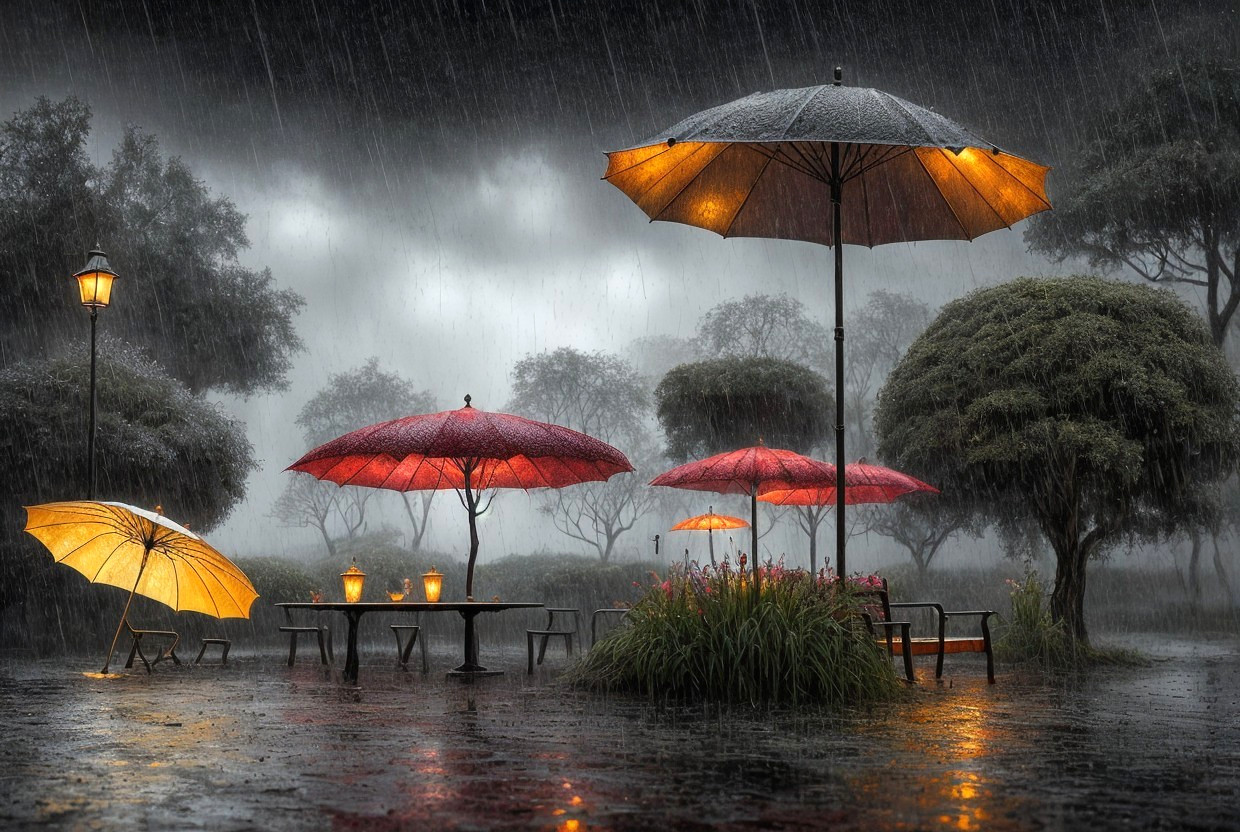 Rainy Scene with Colorful Umbrellas and Lampposts