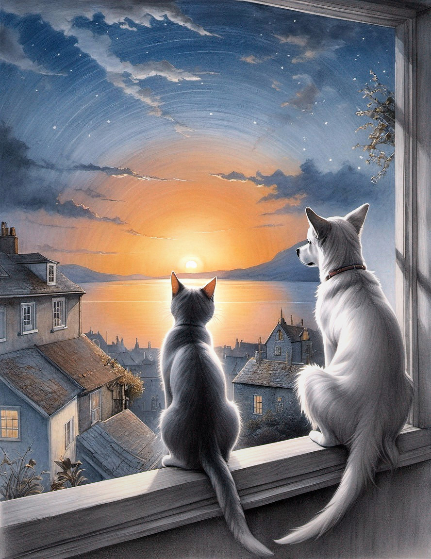 Gray Cat and White Dog Watching Sunset from Windowsill
