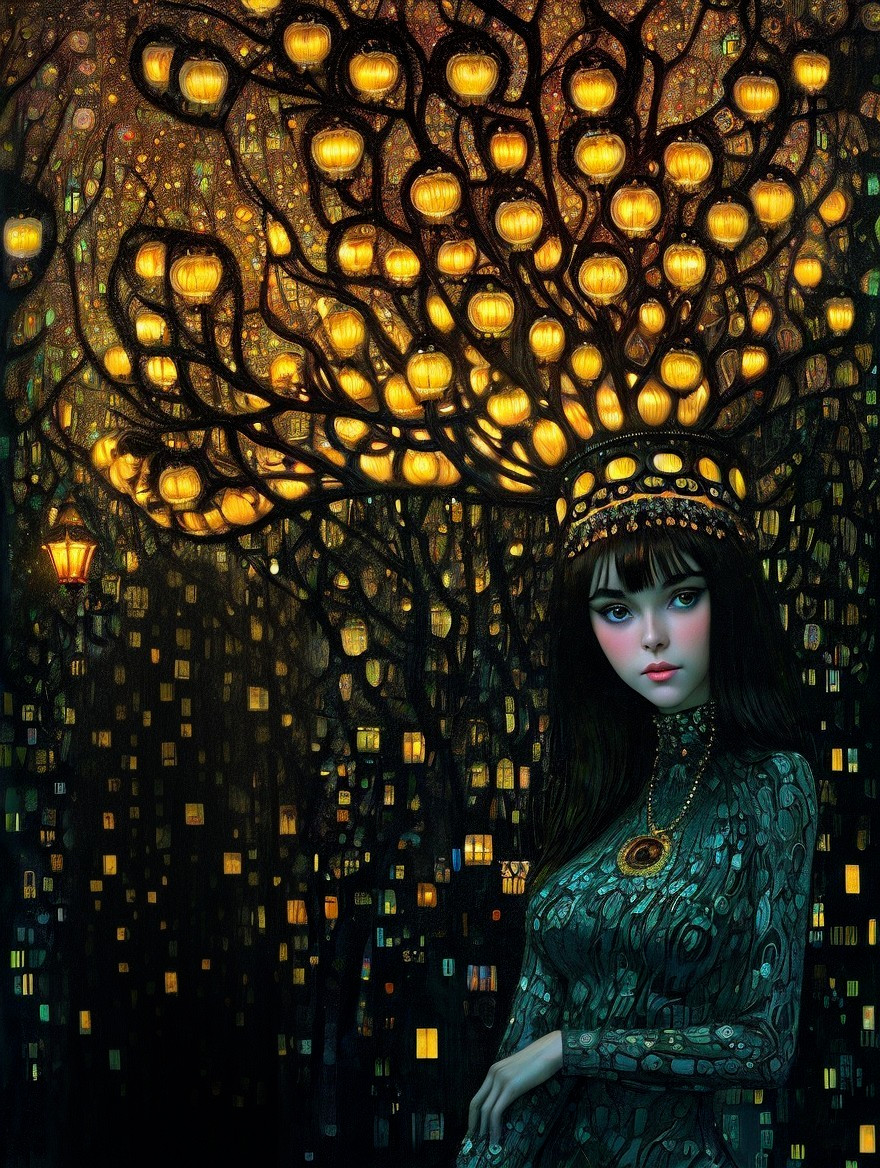 Fantastical scene: Woman near luminous tree and glowing towers