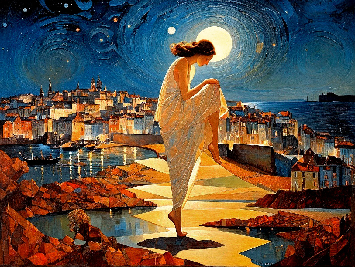 Surreal Painting of Woman on Path to Starry Sky