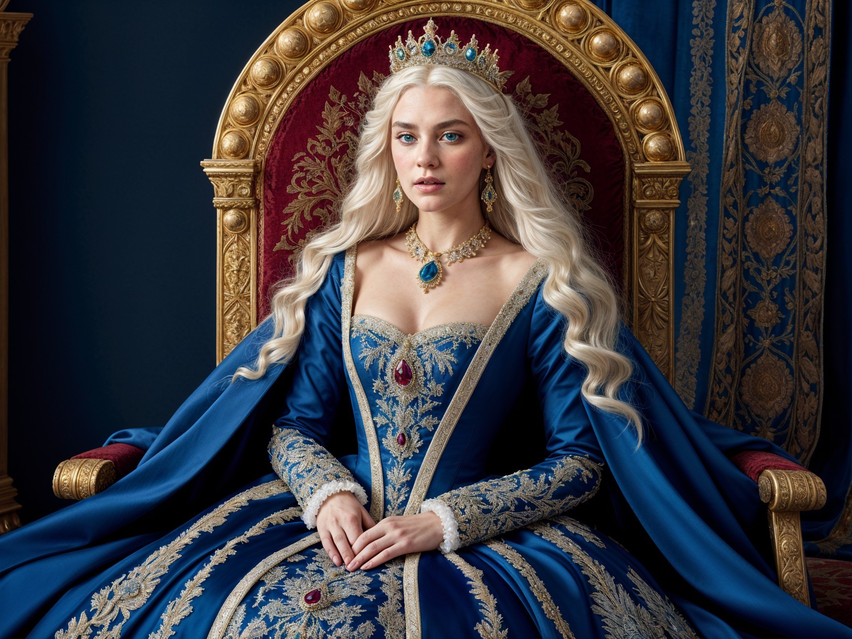 Regal Figure on Grand Throne in Blue Gown