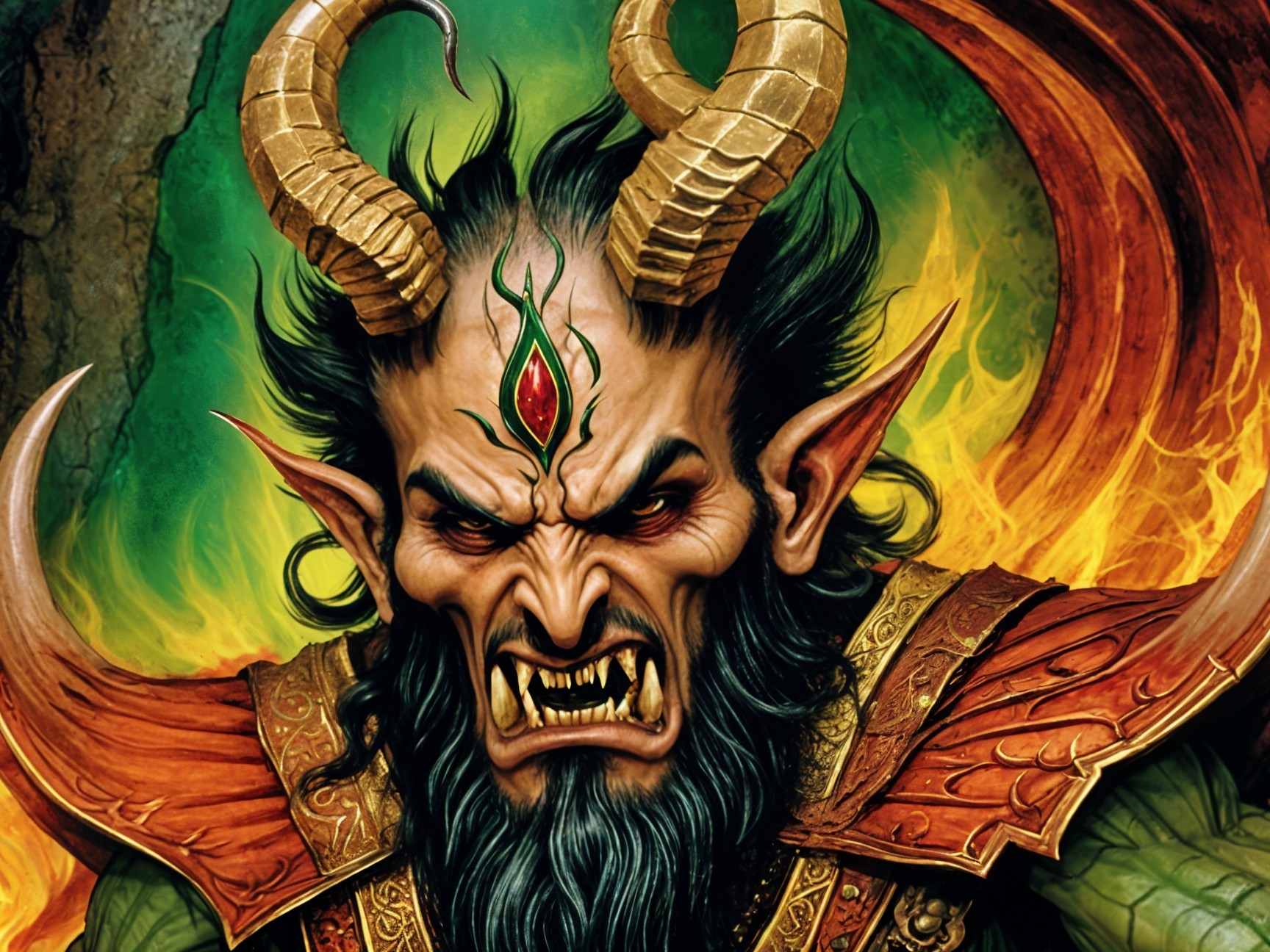 Fierce Horned Demon with Fiery Backdrop and Armor