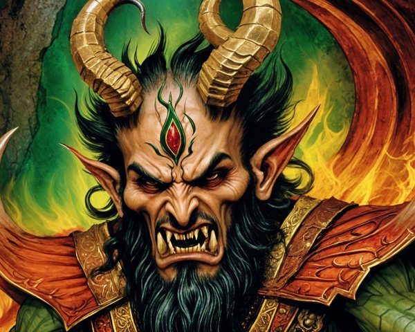 Fierce Horned Demon with Fiery Backdrop and Armor