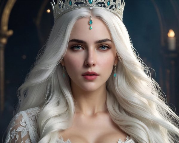 Closeup of a woman with white hair and blue eyes