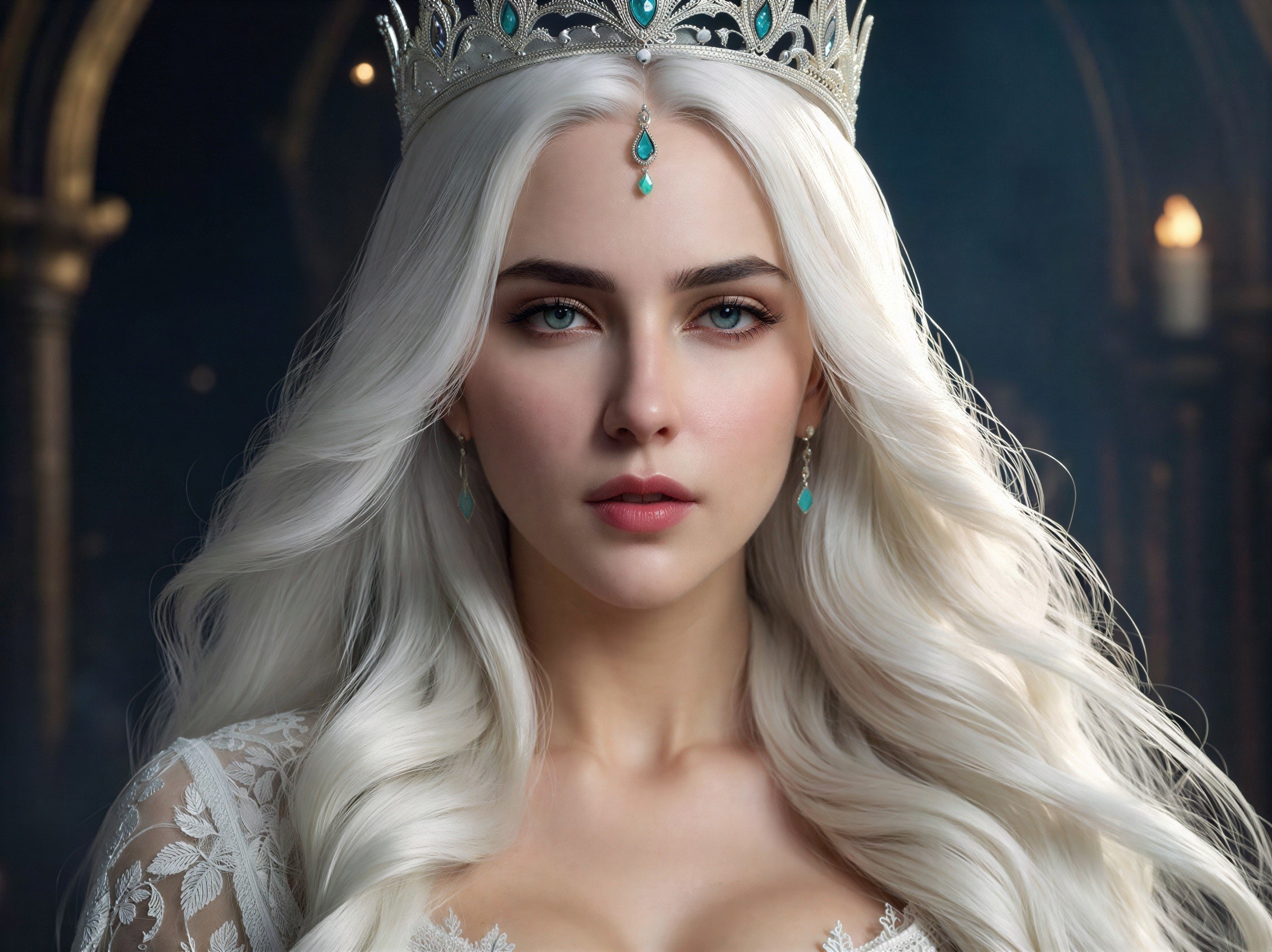 Closeup of a woman with white hair and blue eyes