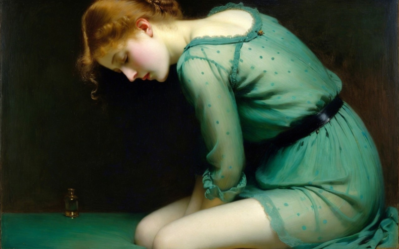Profile of a Young Woman in Sheer Green Polka Dot Dress