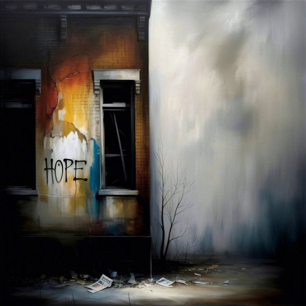 Dilapidated building with "HOPE" spray-painted wall