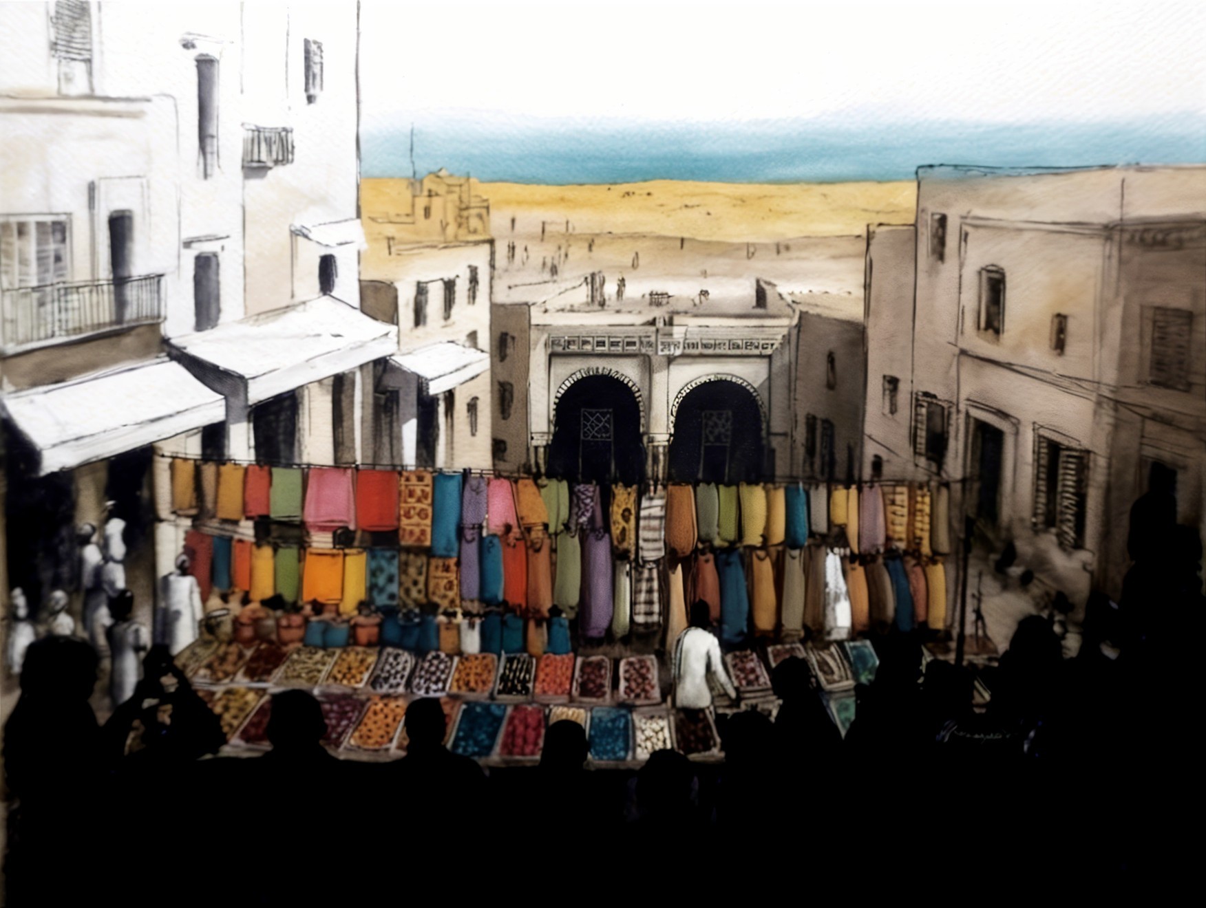 Vibrant Coastal Marketplace with Colorful Stalls