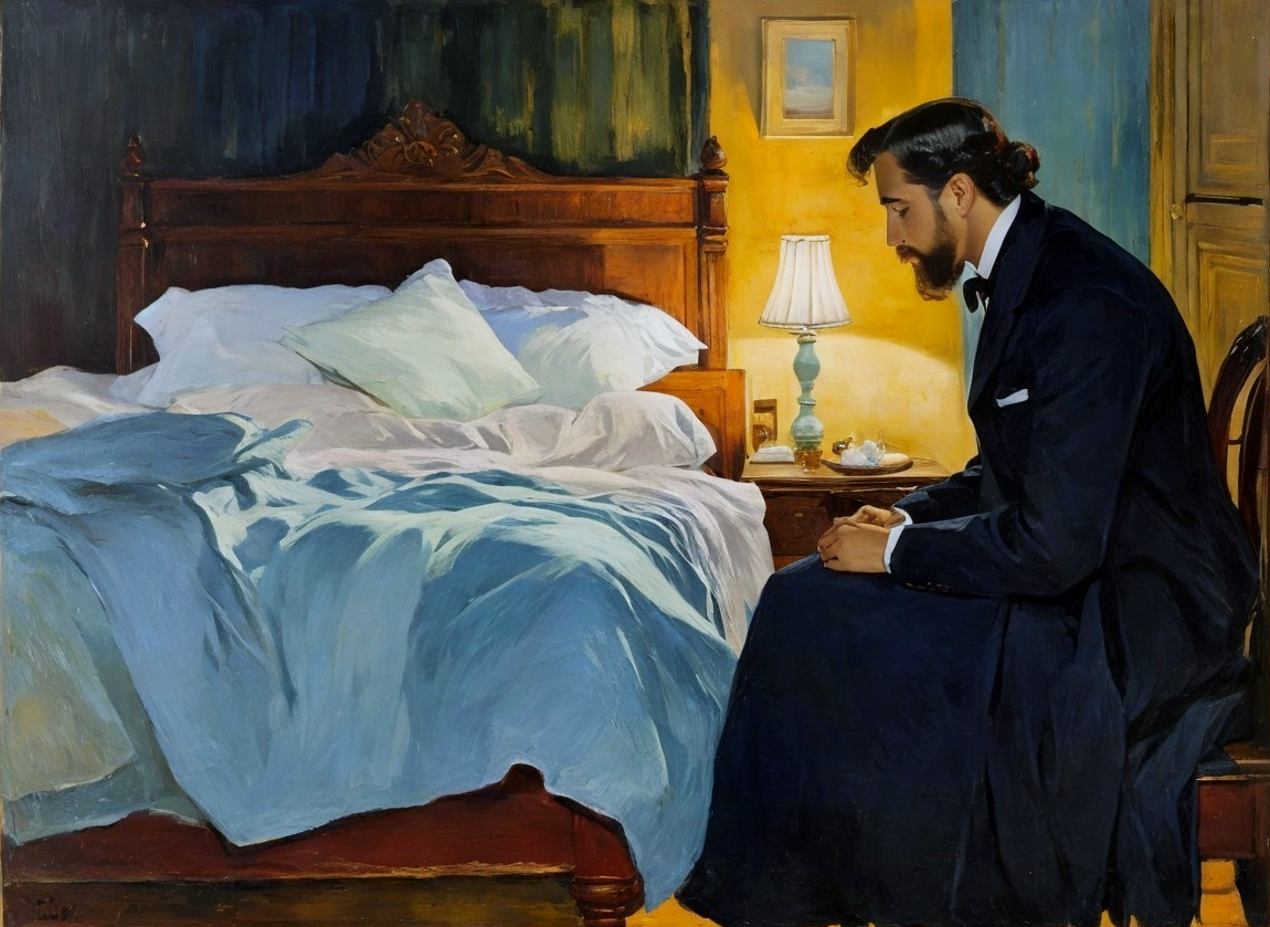 Man in Formal Attire Reflects in Softly Lit Room