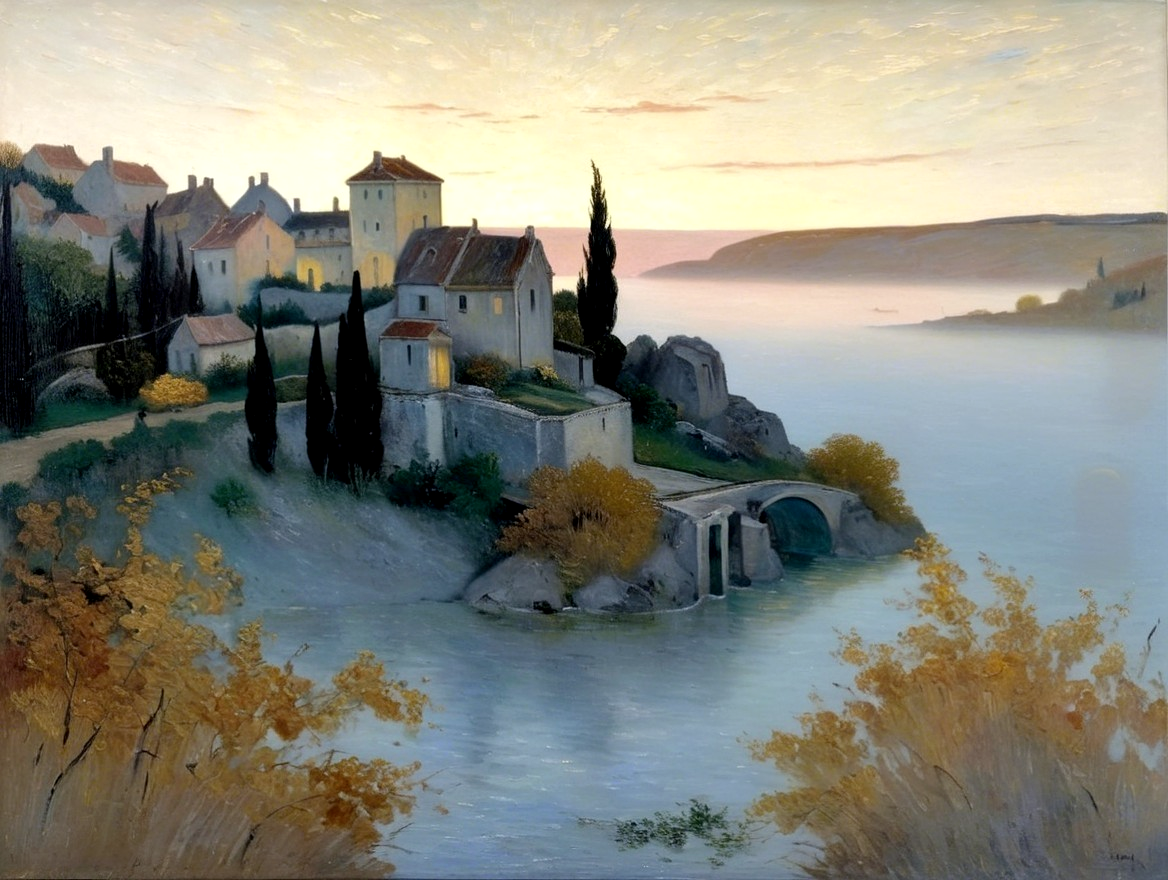 Serene Village Landscape by a Shimmering River