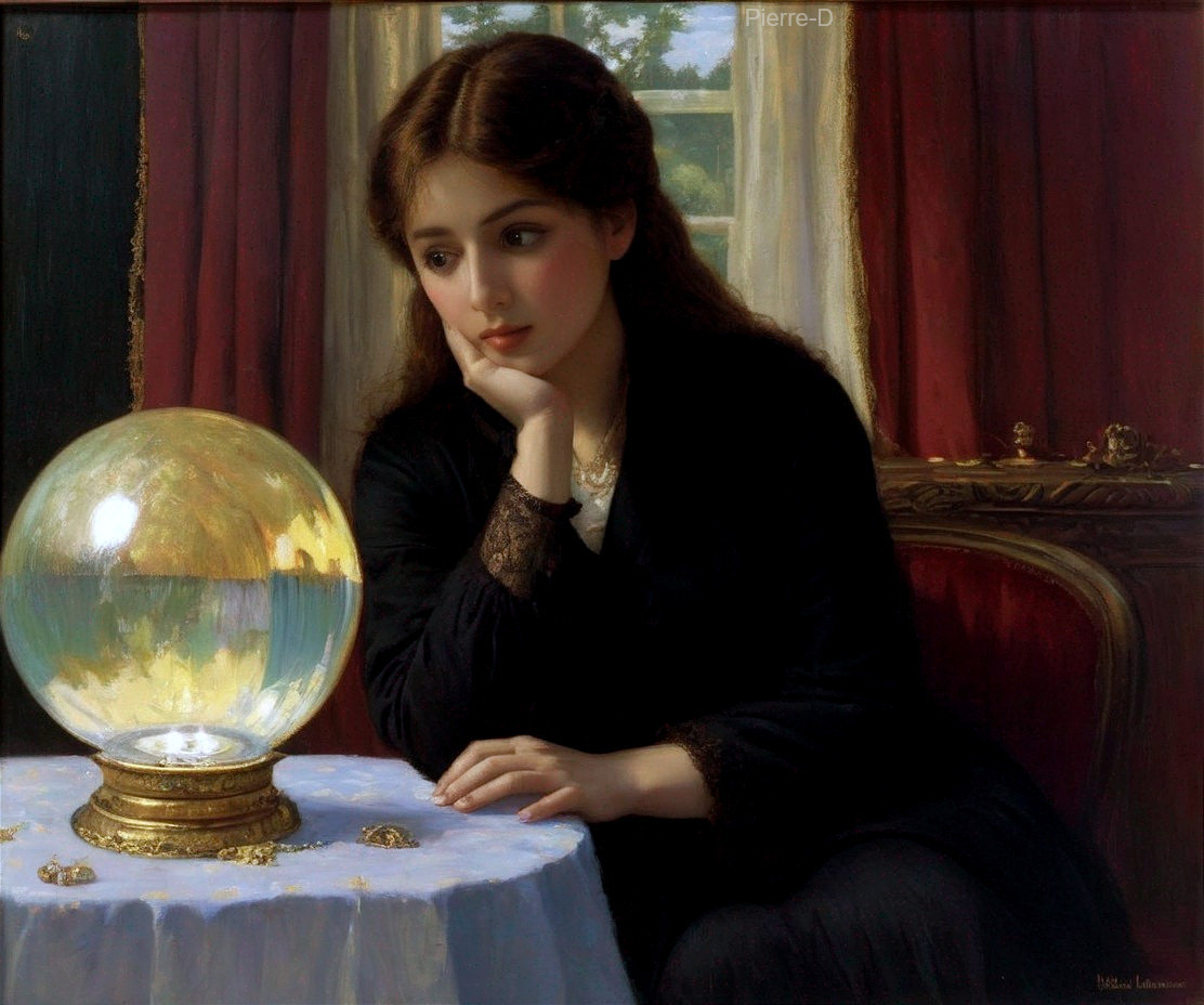 Young woman with dark hair gazes at crystal ball in sunlight.