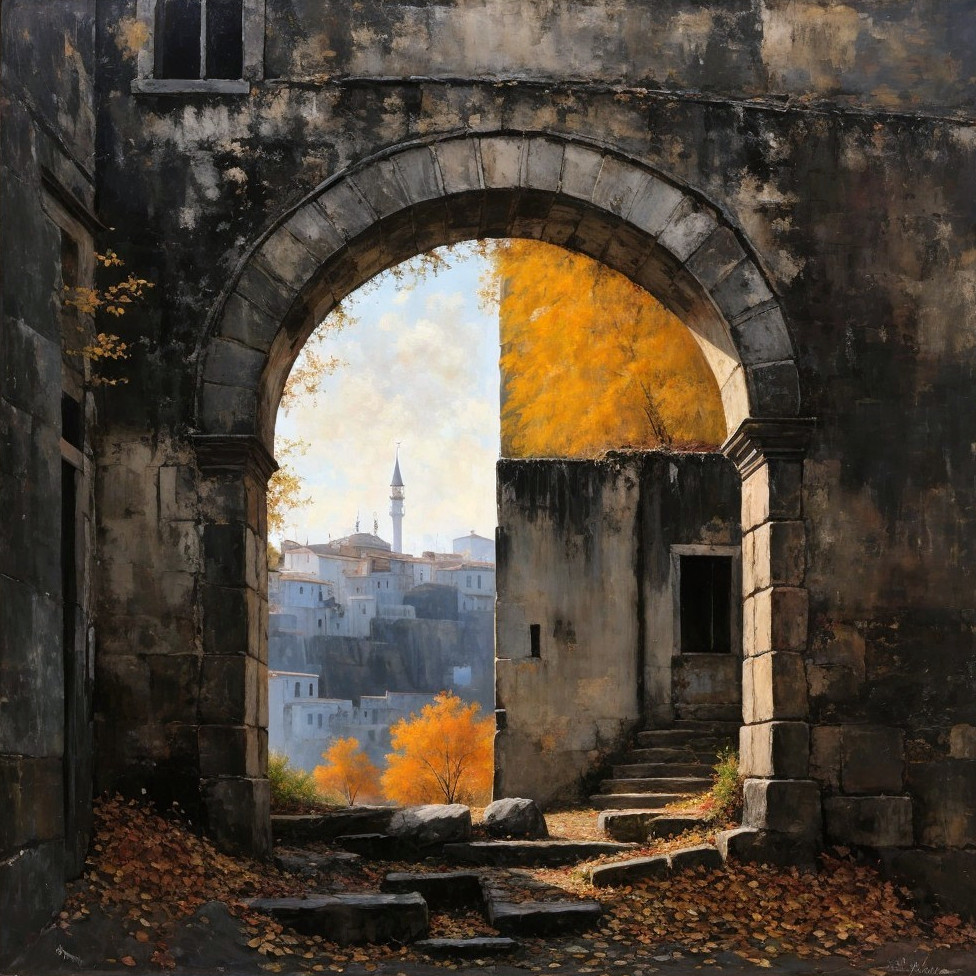 Serene Archway Framed by Aged Stone Walls and Village