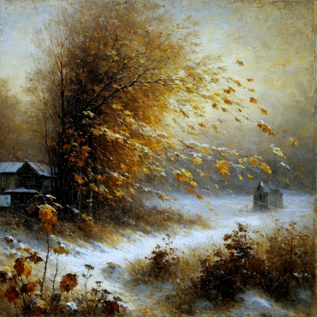 Chilly Autumn Landscape with Rustic Cabin and Snow