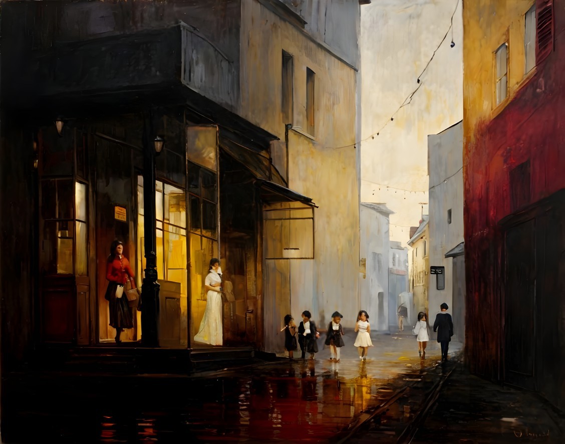 Sunlit Street Scene with Reflections and Warm Light