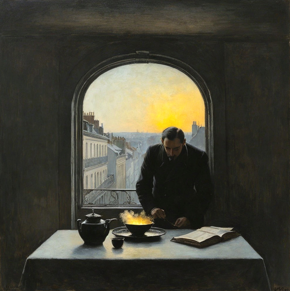 Man stirring a pot in a dimly lit room with sunset
