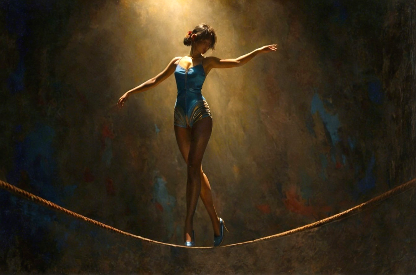 Athletic Woman Balancing on Tightrope in Spotlight