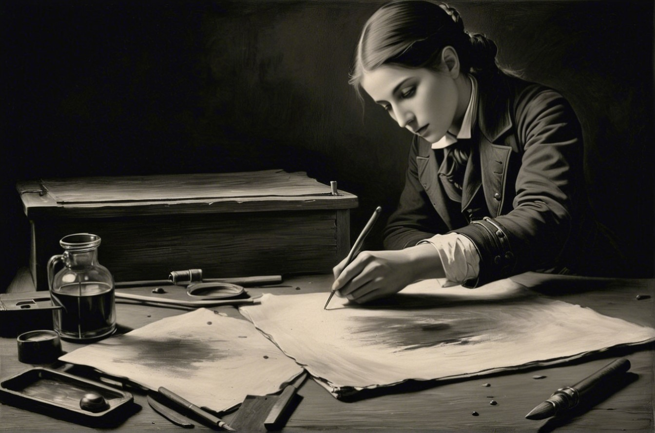 Realistic Oil Painting of Young Woman Writing in Sepia