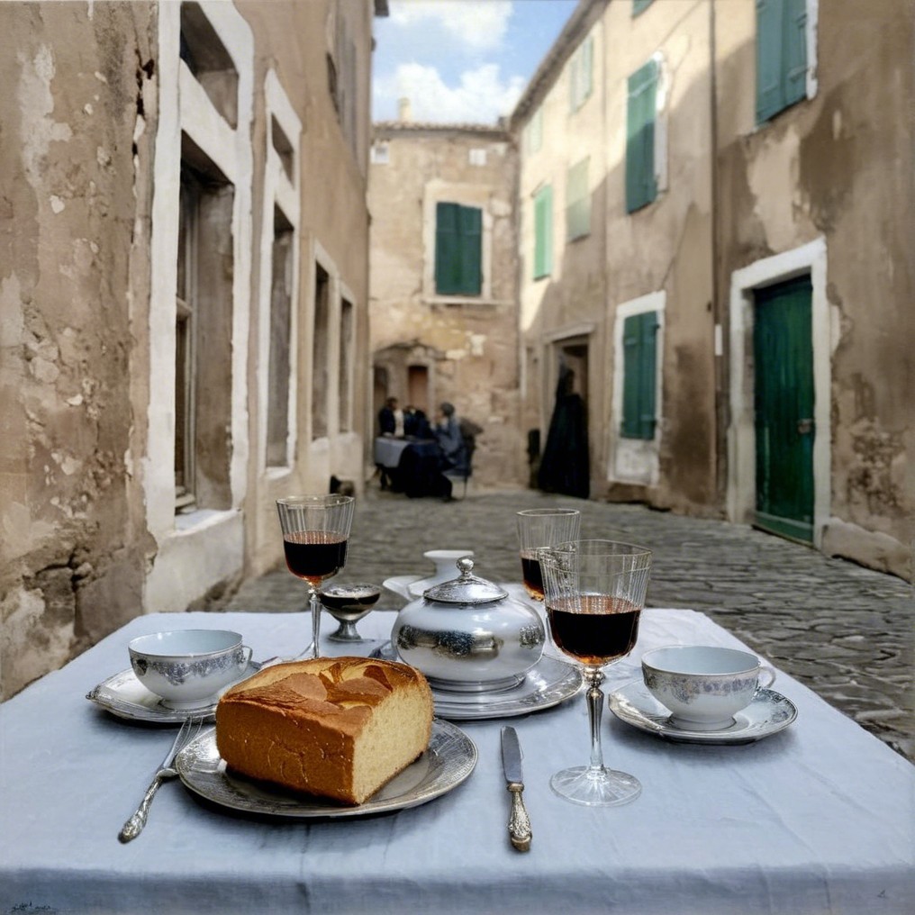 Charming Cobblestone Street with Elegant Tea Service