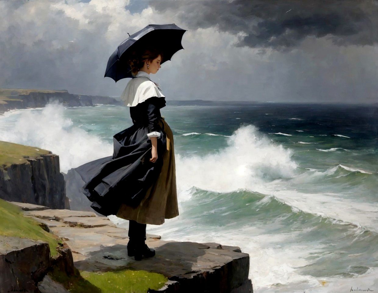 Vintage-themed painting: Young girl with umbrella on cliff overlooking stormy sea