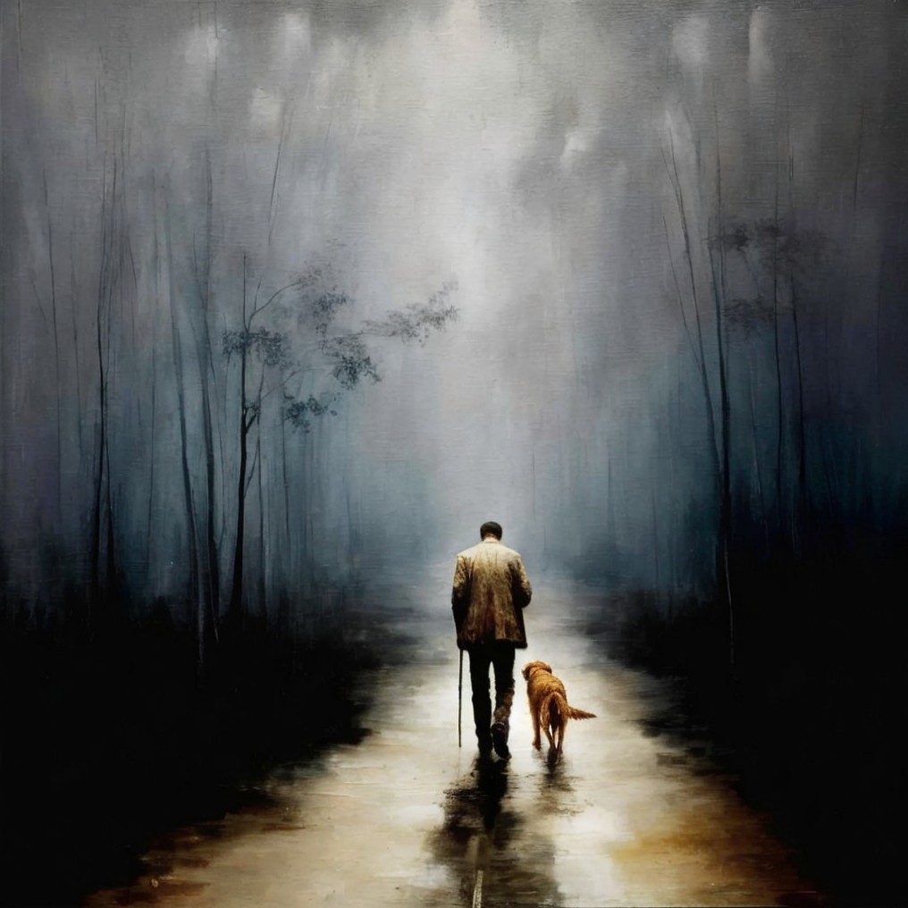 Solitary Figure with Dog on a Misty Path