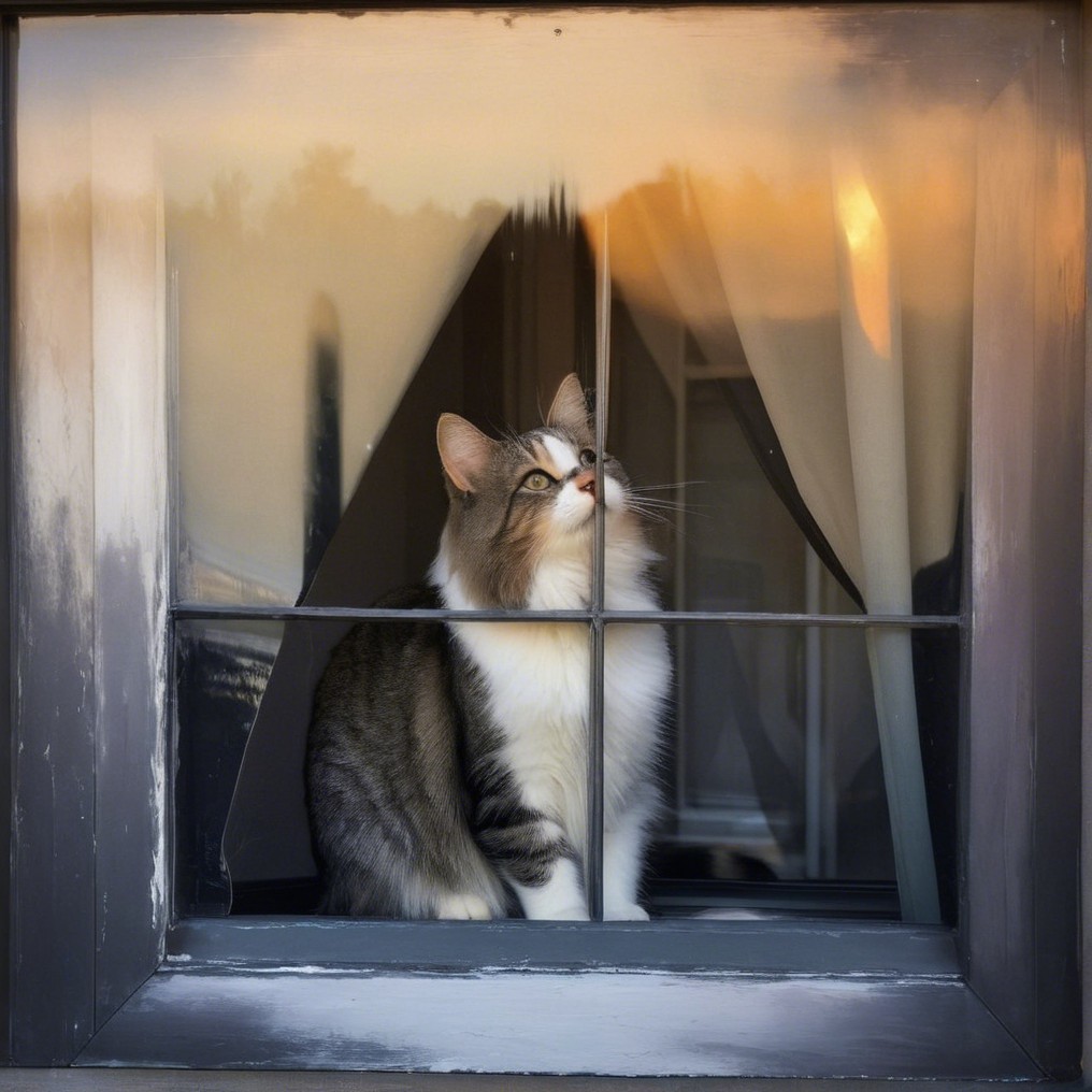 Fluffy Gray and White Cat on a Windowsill at Sunset