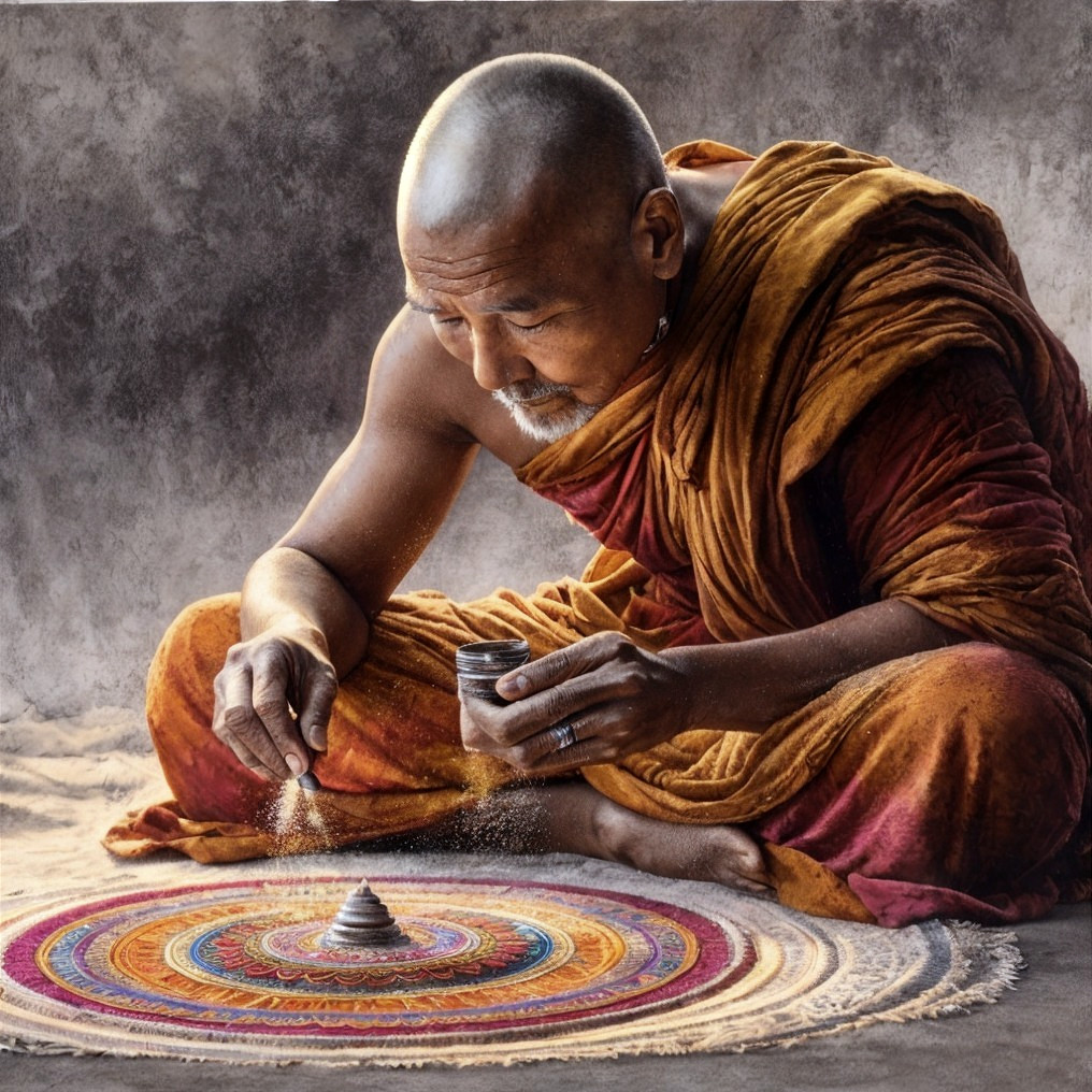 Monk Creating Intricate Sand Mandala in Vibrant Robes