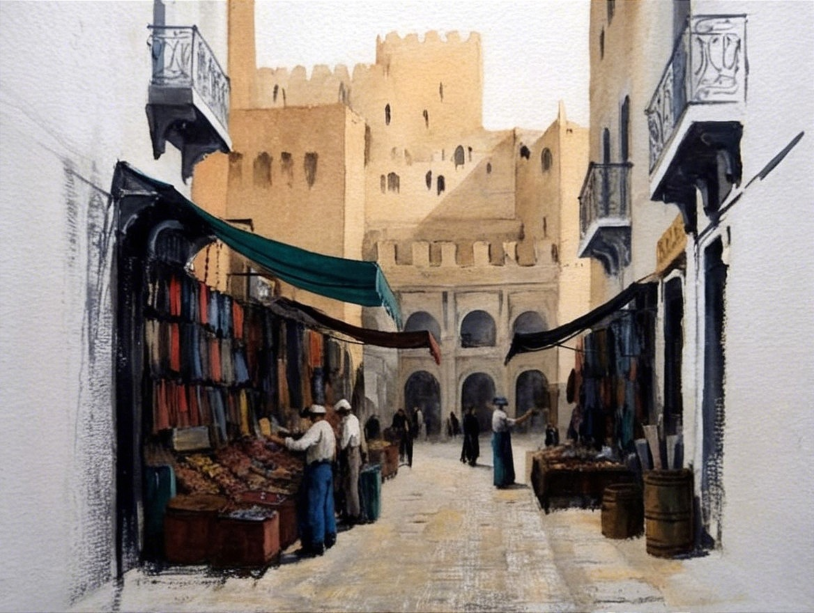 Vibrant Market Street with Historical Architecture