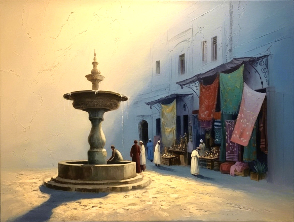 Marketplace Scene with Fountain and Colorful Awnings