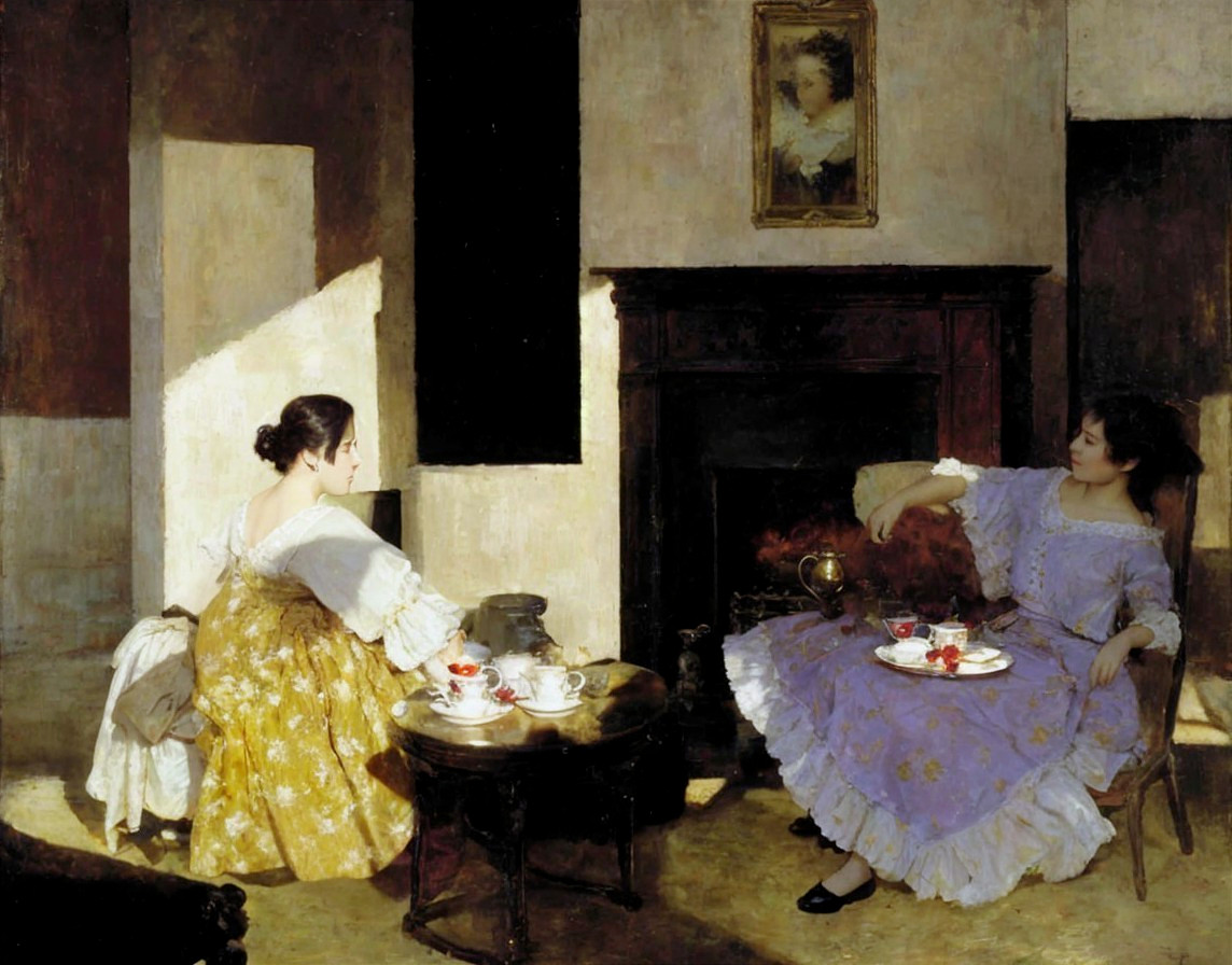 Women in an Elegant Room with Cozy Fireplace